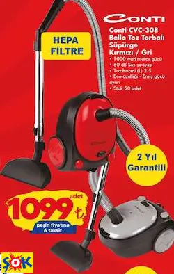 CONTİ CVC-308 BELLO TOZ TORBALI SÜPÜRGE KIRMIZI / GRİ